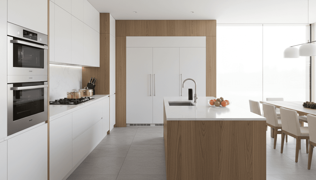 Modern luxury kitchen with marble counters and gleaming appliances