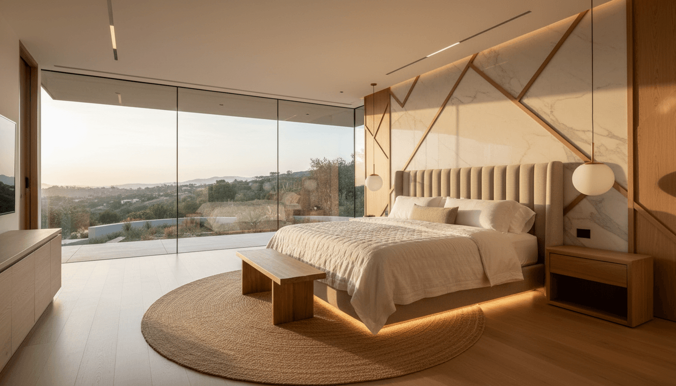 Bright, immaculate luxury bedroom with natural desert light and contemporary design