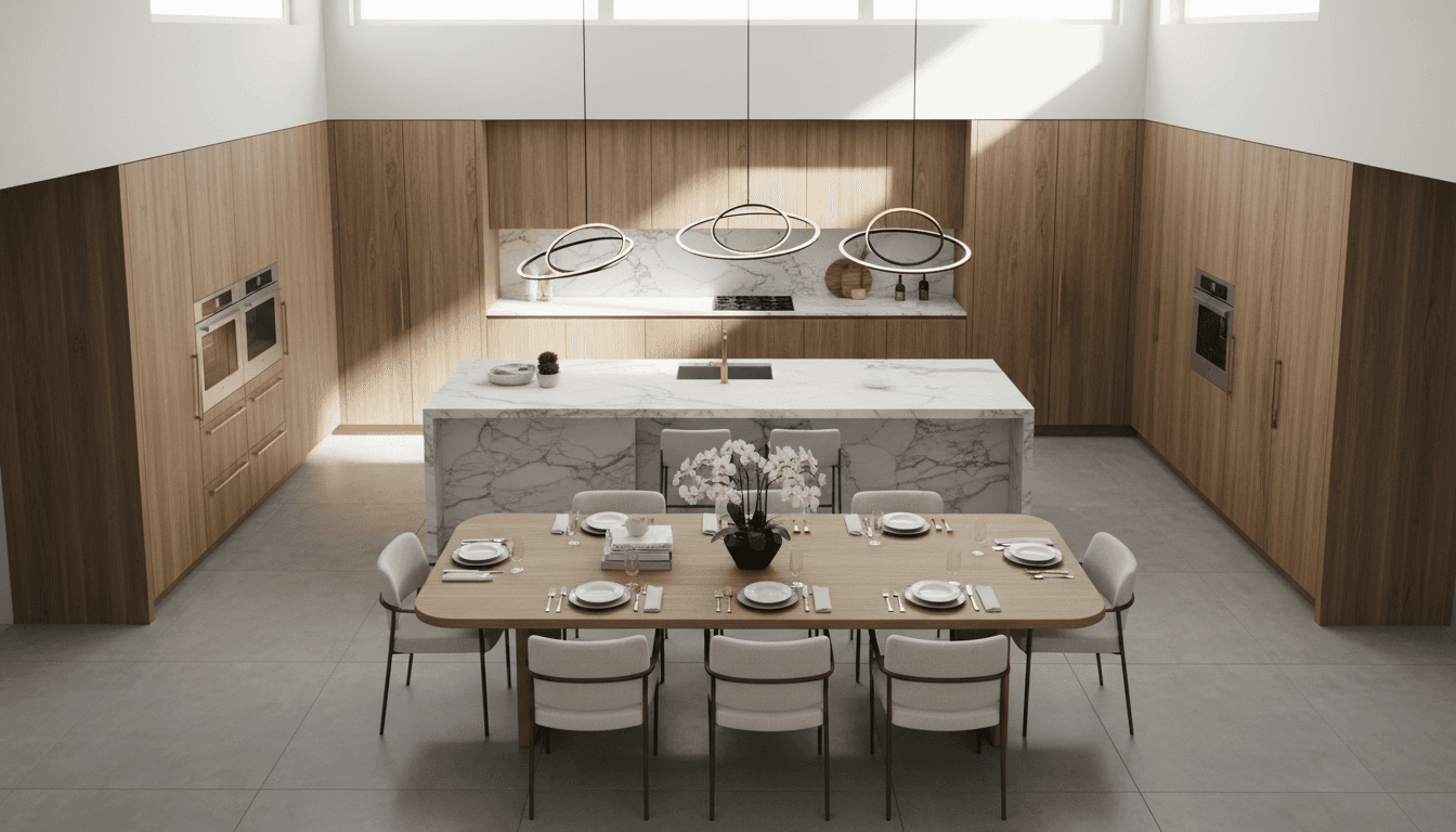 Immaculate luxury kitchen with marble counters and natural light