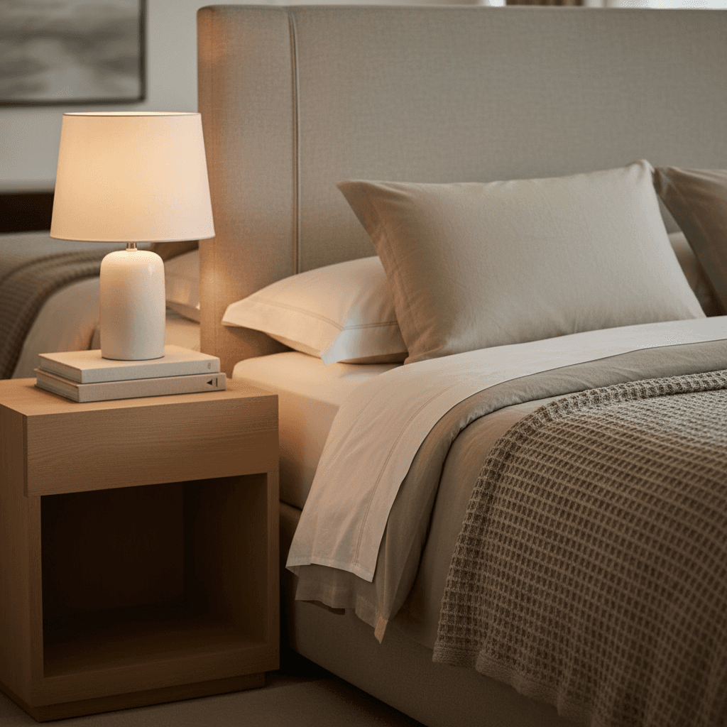 Serene luxury bedroom with crisp linens and warm lighting