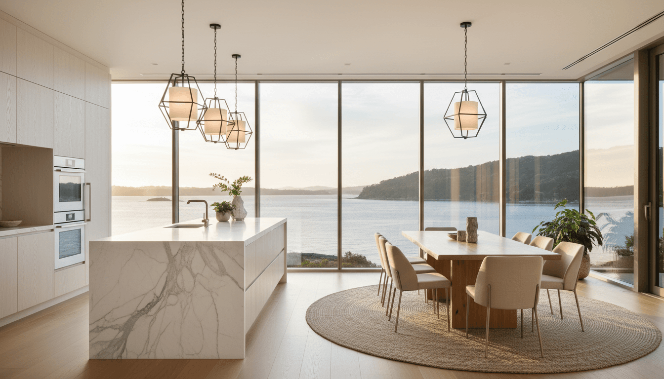 Immaculate luxury home interior with warm natural light and pristine finishes